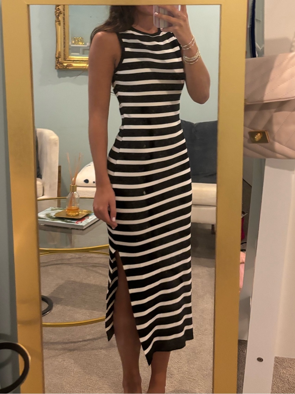 Papermoon Black and White Striped Sleeveless Midi Dress with Side Slit